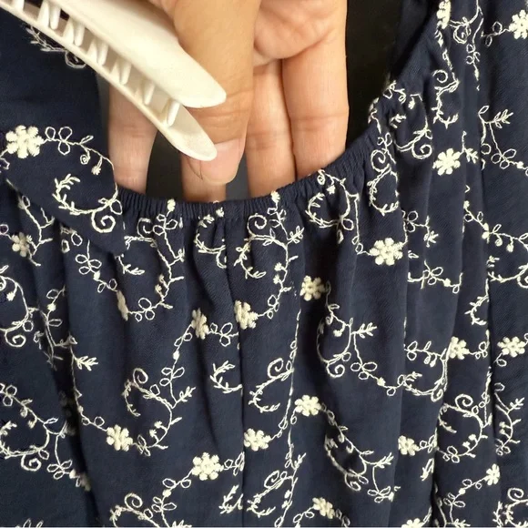 Francesca's Collection Gena Tie Back Embroidered Navy Puff Sleeve Mini Dress - Picture 9 of 16